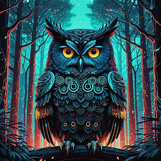 Bioluminescent Cybernetic Owl in Neon Forest