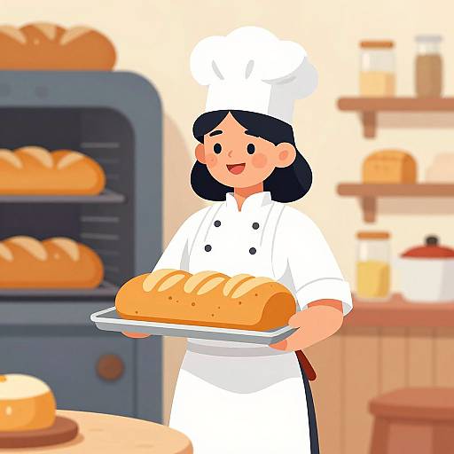 Digital illustration of a smiling female chef with black hair, wearing a white hat and uniform, holding a tray with a loaf of bread in a cozy bakery