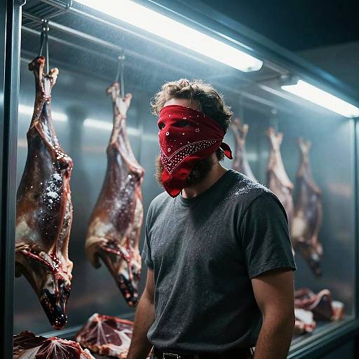 Man with Bandana in Meat Freezer