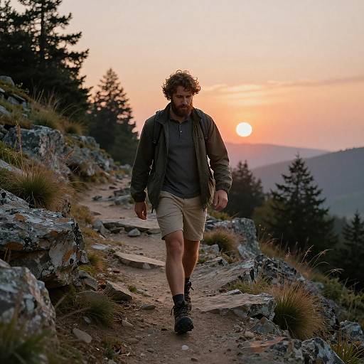 Bearded Man Hiking at Sunset