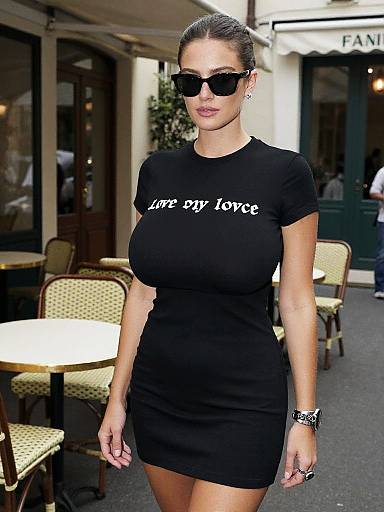 Photograph of a slender woman with brown hair in an updo, wearing black sunglasses, a tight black 