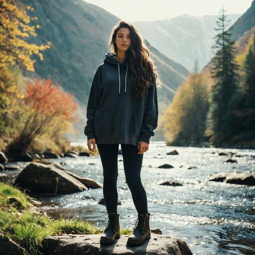 Young Woman Standing by Mountain Stream in Autumn