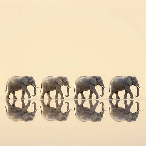 Photograph of five elephants walking in a line, reflected on a glossy white surface, against a plain white background.
