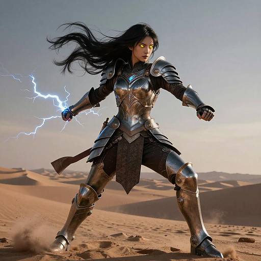 Fierce Female Warrior in Dark Armor with Lightning