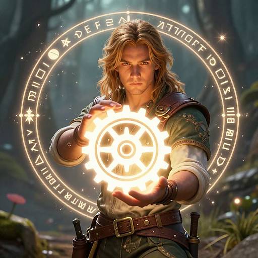 Adventurer with Glowing Gear Symbol