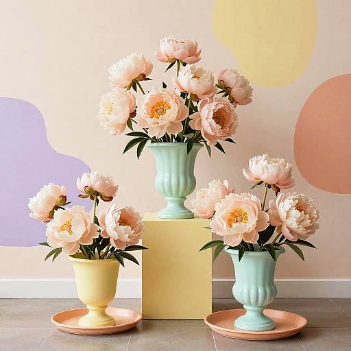 Pastel Peonies in Mint and Yellow Urns