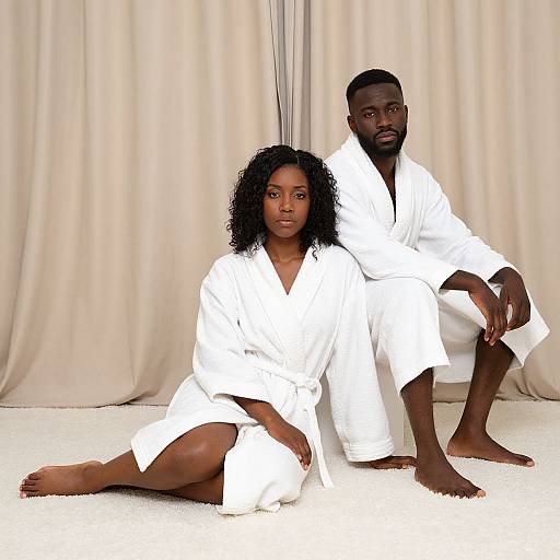 Photograph of a Black couple in white bathrobes, sitting on a white carpet against beige curtains, both looking at the camera.