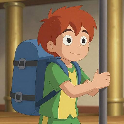 Animated Boy with Backpack Gripping Metal Frame