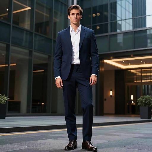 Photograph of a handsome, tall, brown-haired man in a dark navy suit, white shirt, and black shoes, walking confidently in a modern urban