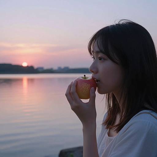 Photograph of an Asian woman with shoulder-length brown hair, wearing a white top, biting into a red apple with a sun logo, against a serene
