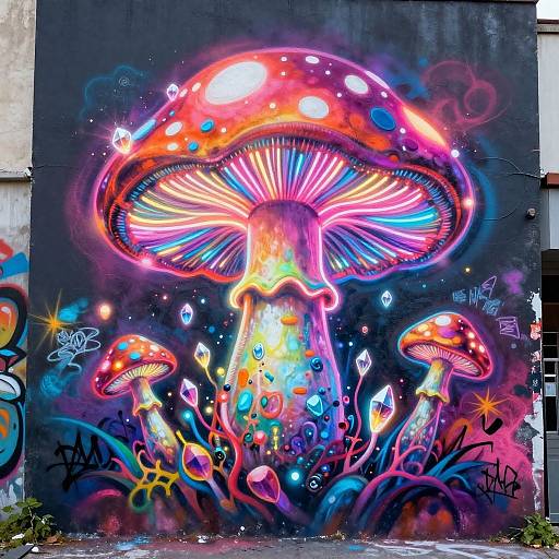 Vibrant neon graffiti mural of glowing, multicolored mushrooms with red spots, surrounded by sparkling crystals and abstract plants on a dark wall.