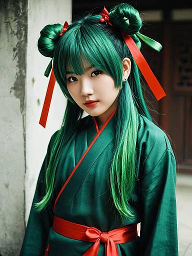 Realistic Male in Green-Haired Chinese Costume