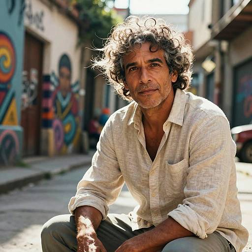 Photograph of a middle-aged Indian man with curly black hair, tan skin, and a serious expression, wearing a beige button-up shirt, sitting in