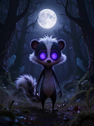 Digital artwork of a cute, glowing purple-eyed skunk with white and black fur, standing in a dark, eerie forest under a full moon, with
