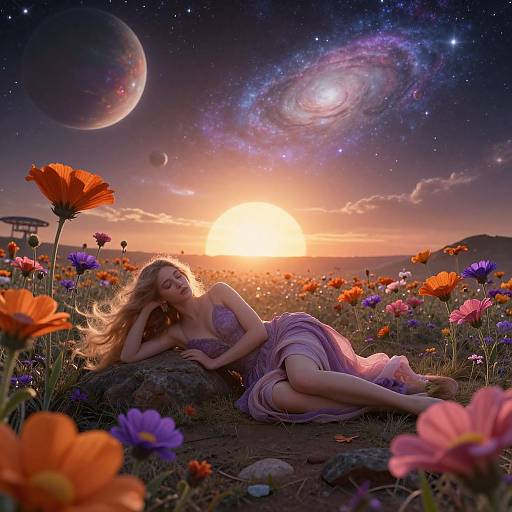 Dreamy digital art of a blonde woman in a lavender dress, lying in a colorful flower field at sunset, with a galaxy and planets in the star