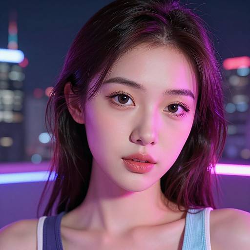 Photorealistic digital portrait of an East Asian woman with fair skin, dark brown hair, pink and purple neon lighting, wearing a gray tank top,