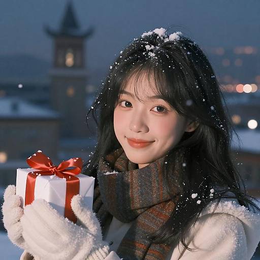 Cinematic Winter Night Girl With Gift