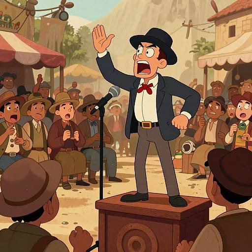 Cartoon-style illustration of a black-hatted performer in a blue suit and bow tie, waving at a surprised audience in a sunlit, rustic town