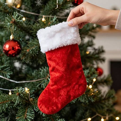 Photograph of a hand holding a red, plush Christmas stocking with white fur trim, hanging on a decorated, green Christmas tree with golden lights and red