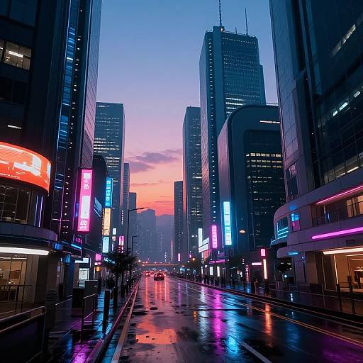 Neon-lit, rainy urban street at dusk, featuring towering skyscrapers with colorful digital billboards, reflecting vibrant lights on wet pavement. Phot