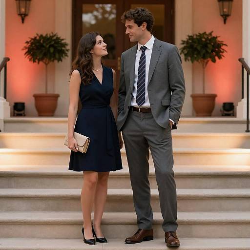 Elegant Couple on Steps of Building