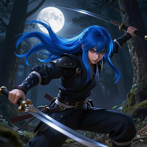 Blue-Haired Ninja Warrior in Forest