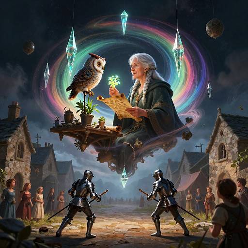 Medieval Sorceress and Knights in Magical Village Square