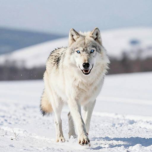 Photograph of a blue-eyed, gray and white wolf with a fluffy coat, standing in a snowy landscape, looking directly at the camera.