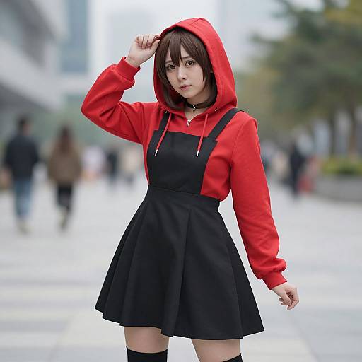 Photograph of an Asian woman with short black hair, wearing a red hoodie with black pinafore dress and thigh-high socks, standing in a blurred