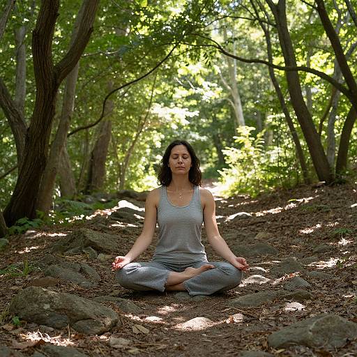 Photograph of a serene woman with black hair, wearing a gray tank top and jeans, meditating in a sunlit forest, seated cross-legged on