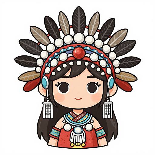Digital cartoon of a cute Native American girl with black hair, wearing a red headpiece with feathers, white pom-poms, blue earrings, and red