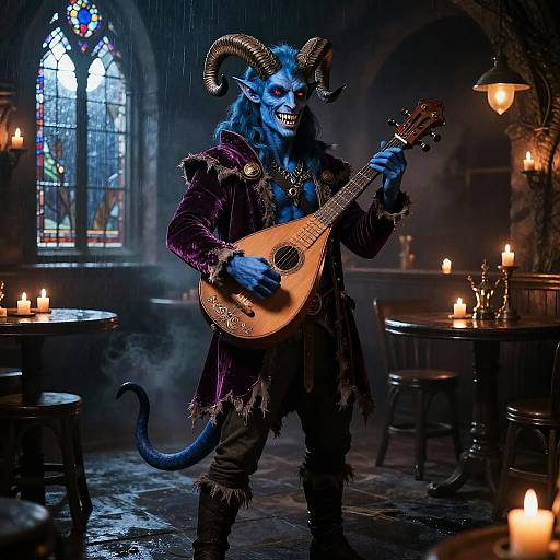 Cinematic Tiefling Bard in Moonlit Tavern