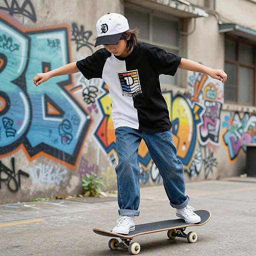 Asian Teen Skateboarding in Urban Alley