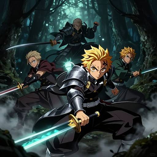 Anime-style digital artwork: Four male warriors with spiky hair and glowing swords in a dark, misty forest, ready for battle.