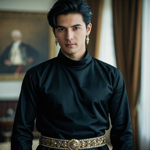 Man in Elegant Black Costume with Gold Belt
