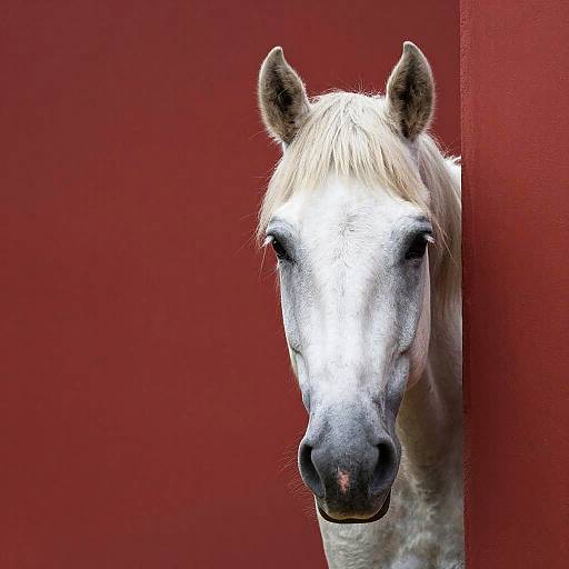 Curious White Horse Behind Red Wall