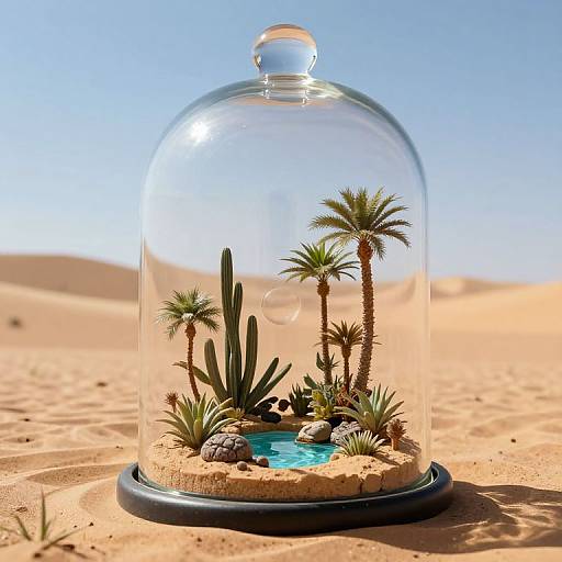 Photograph of a miniature desert scene in a glass dome, featuring palm trees, cacti, sand, a small blue pond, and rocks,