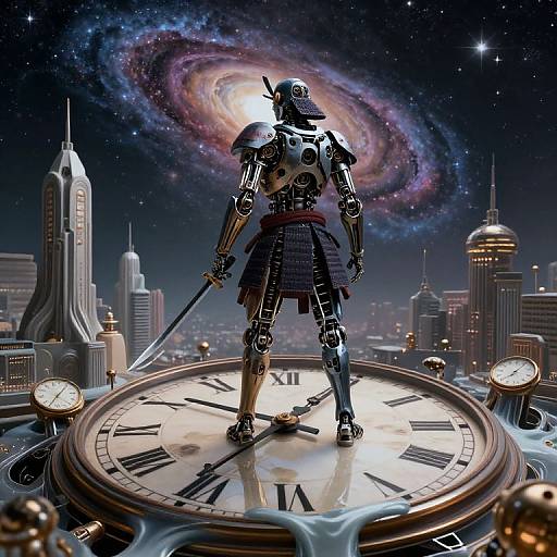 Digital artwork: Robotic samurai with sword stands on giant clock face, overlooking futuristic cityscape, with galaxy swirling in the night sky.