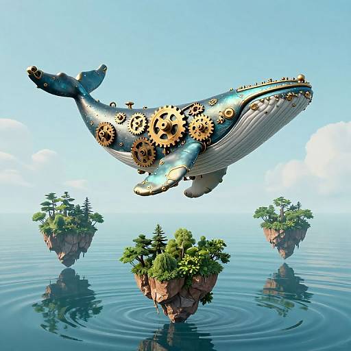 Steampunk whale with gears flying over floating islands and calm ocean, clear blue sky. Digital art with vibrant colors.