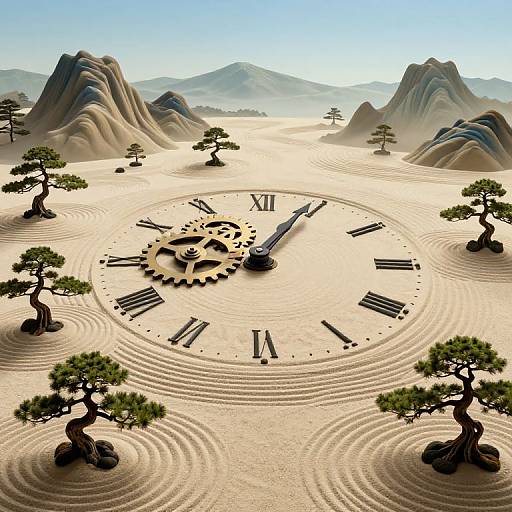 Surreal Zen Garden with Gear Clock