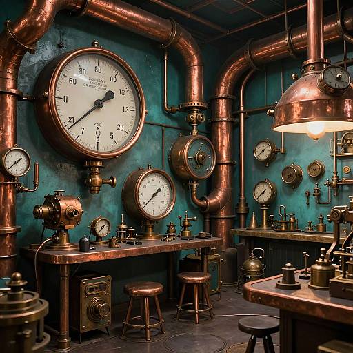 Steampunk-style industrial room with copper pipes, vintage clocks, and gauges on teal walls, under a glowing copper pendant light. Photographic image