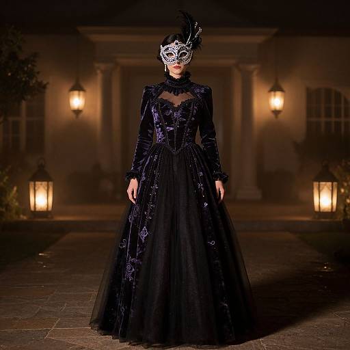 Photograph of a woman in a dark, ornate, Victorian-style black gown and white lace mask, standing in a dimly lit, elegant courtyard