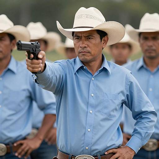 Cowboy in White Hat Aiming Pistol