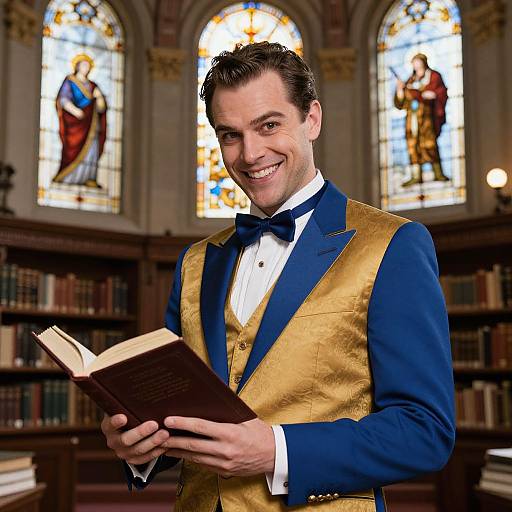 Photograph of a smiling man in a blue tuxedo with gold vest, holding a book, standing in a library with stained glass windows.
