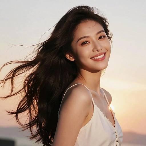 Photograph of a smiling Asian woman with long, flowing black hair, wearing a white lace-trimmed top, against a sunset sky.