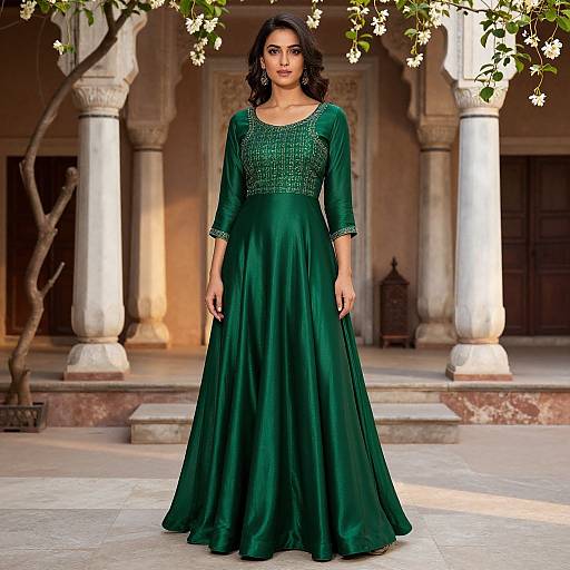 Photograph of a South Asian woman with long black hair, wearing a green, floor-length, embellished, long-sleeve gown, standing in