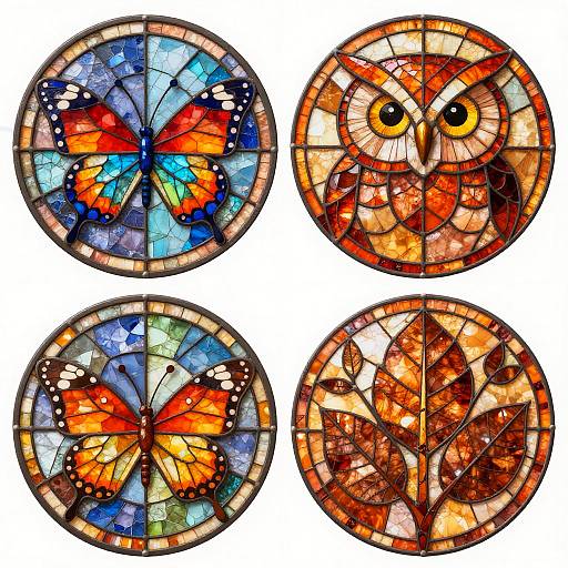 Stained glass art: Four circular pieces, top left butterfly with blue and red, top right owl with orange and brown, bottom left orange butterfly,