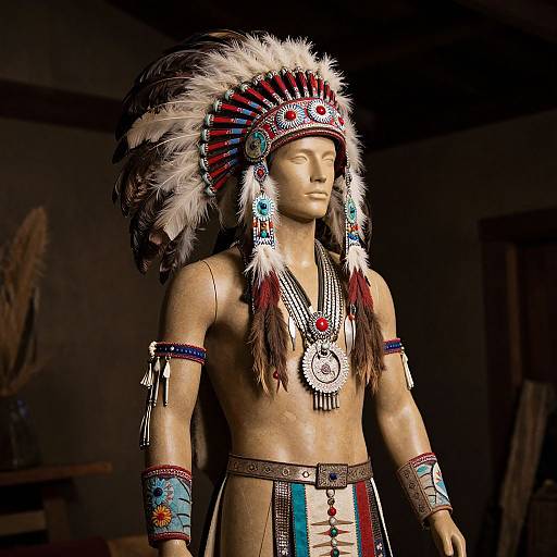 Photograph of a mannequin in Native American regalia, featuring a colorful feathered headdress, intricate beaded necklaces, and arm bands