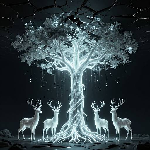 Digital art: Glowing white tree with luminescent branches and roots, surrounded by four ethereal white deer with antlers, against a dark,