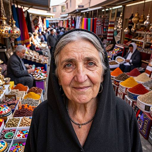 Photograph of an elderly woman with silver hair, wearing a black headscarf and dress, smiling at a bustling outdoor market with colorful spices, jewelry